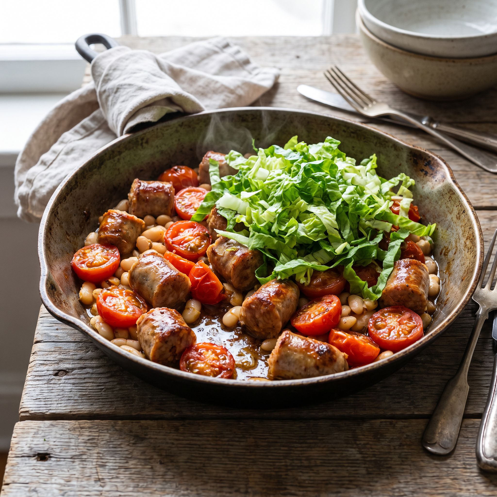 Skillet Bratwurst Cherry Tomato Bean Hash