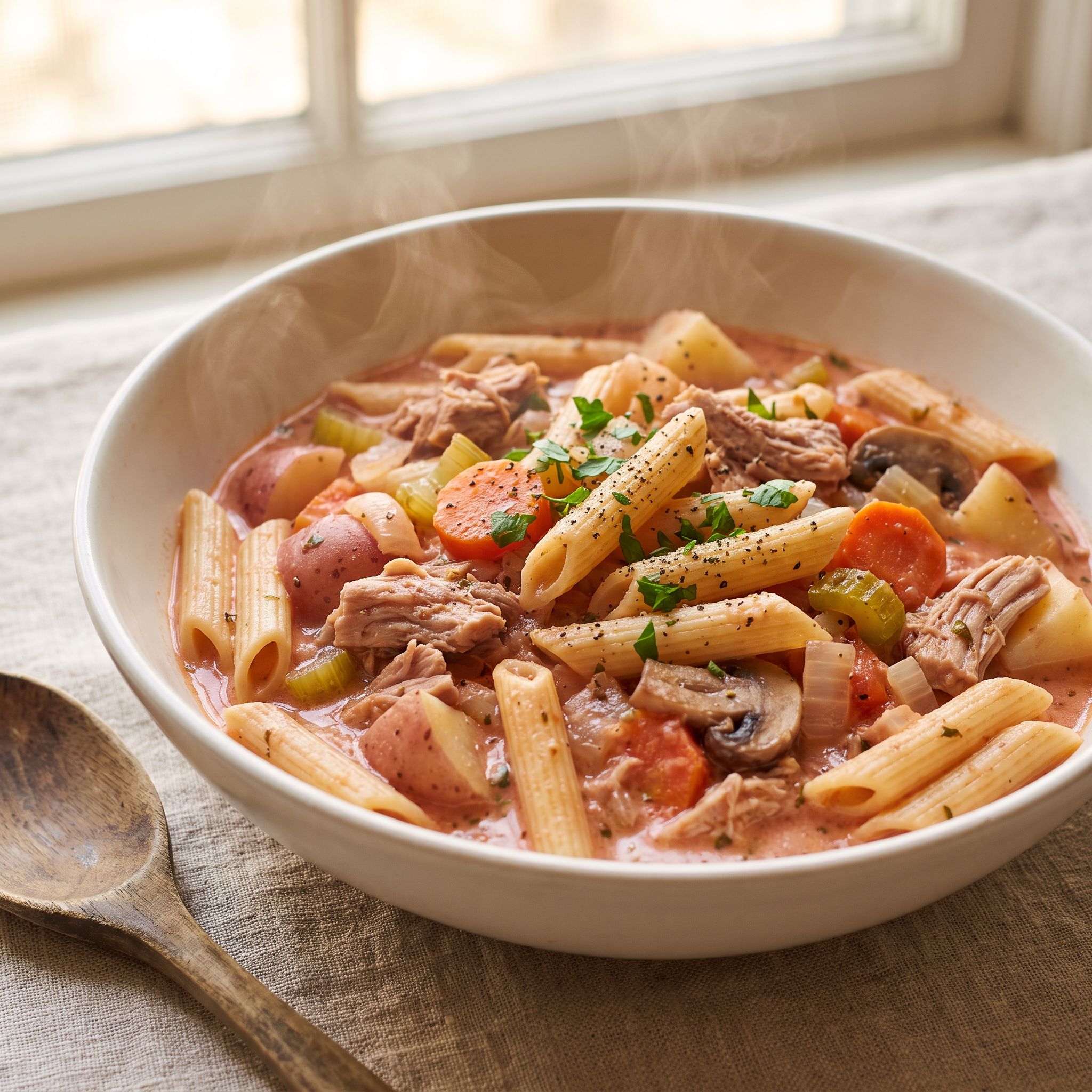 Slow-Cooked Rose Pork Penne Primavera