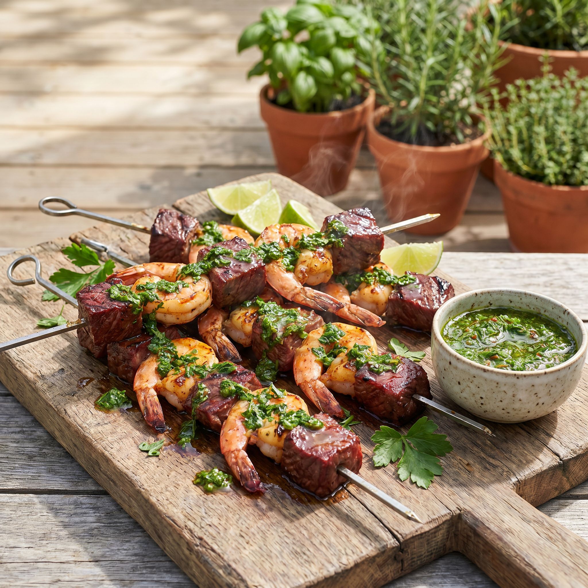 Smoked Chimichurri Beef and Shrimp Skewers