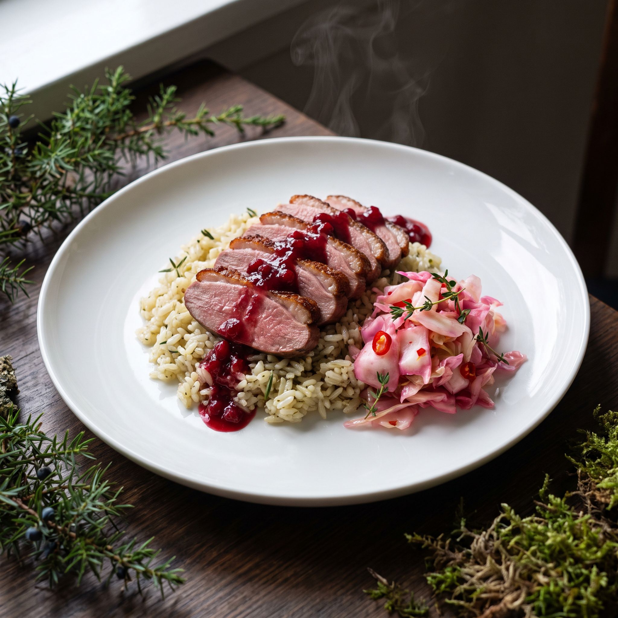 Smoked Duck Rice with Sweet Chili Pickled Cabbage