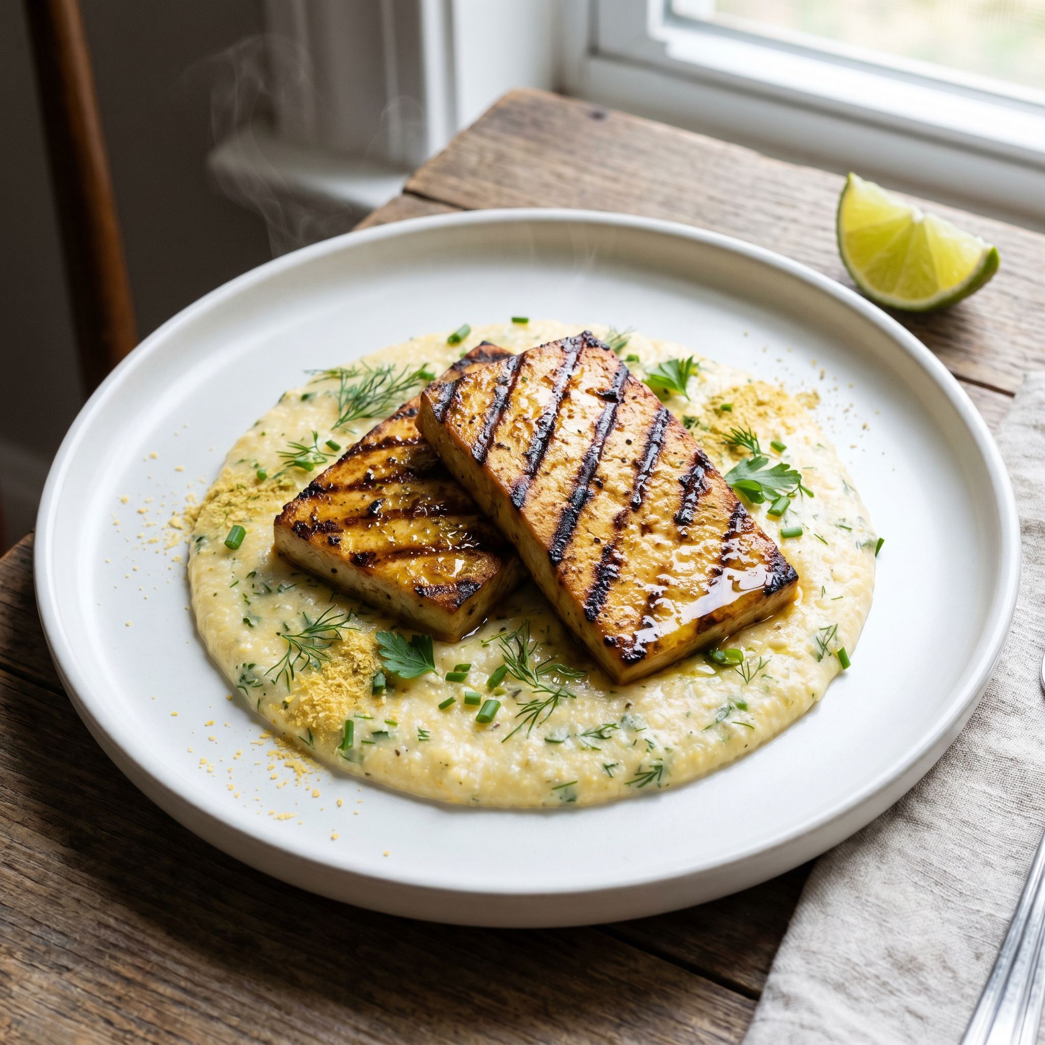 Smoky Oregano Tofu on Herbed Grits