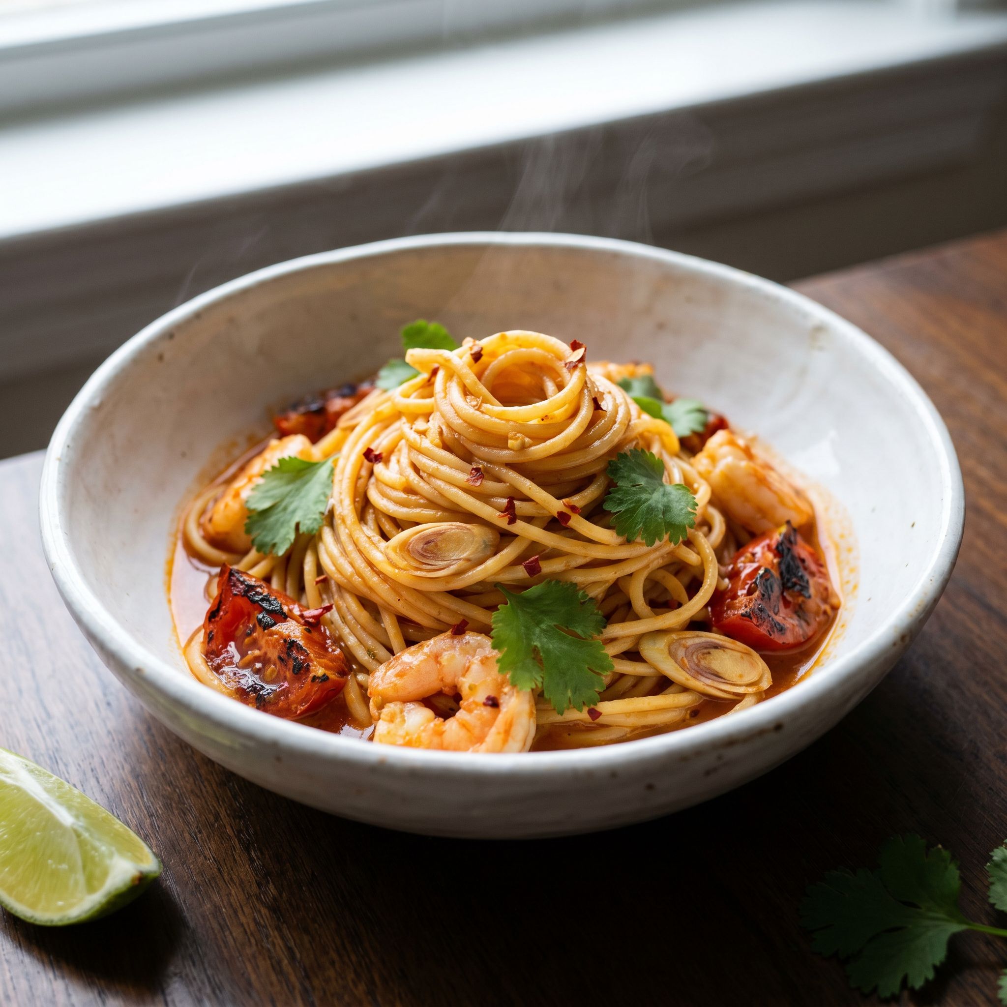 Smoky Tom Yum Shrimp Spaghetti
