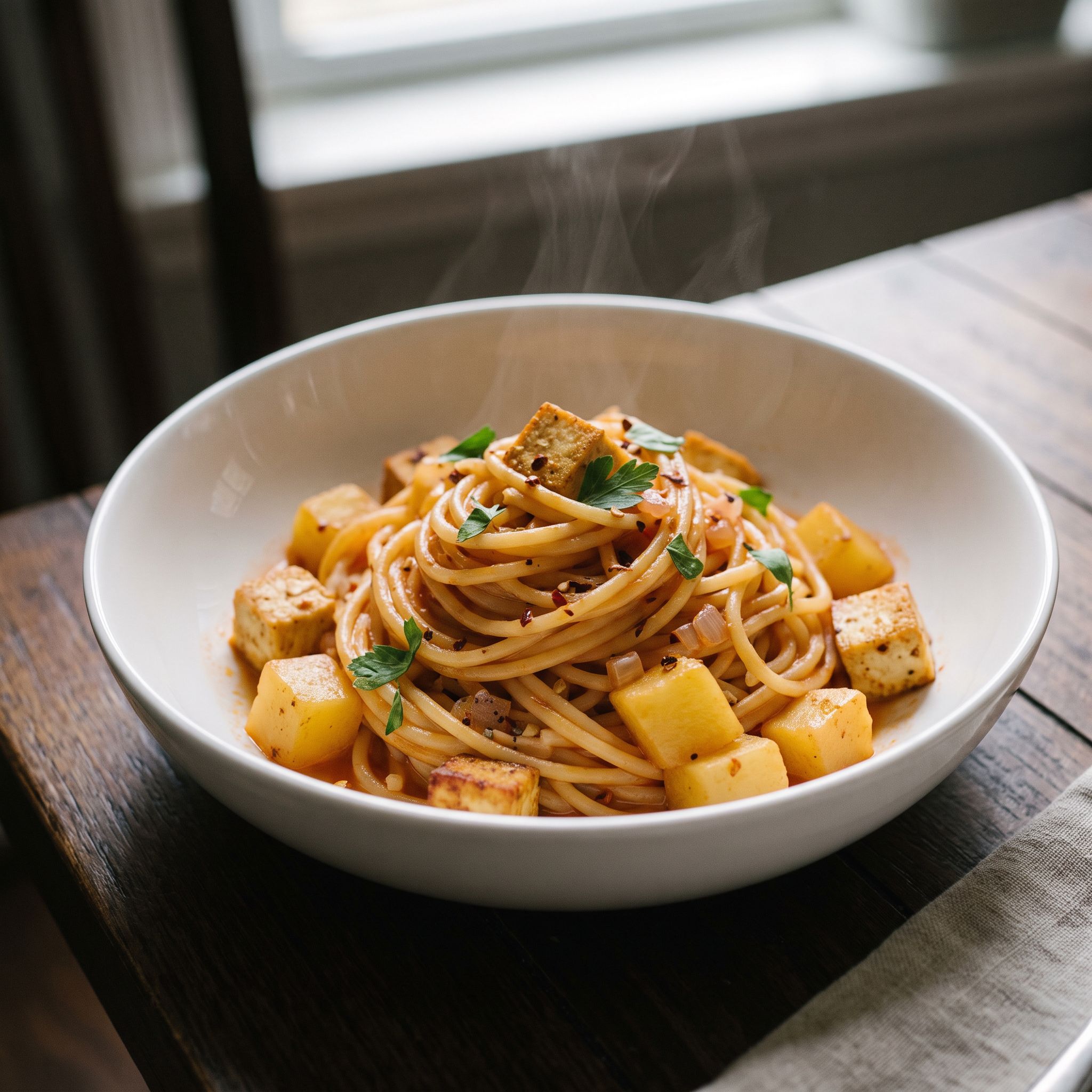 South Indian Sambar Tofu Potato Curry Pasta
