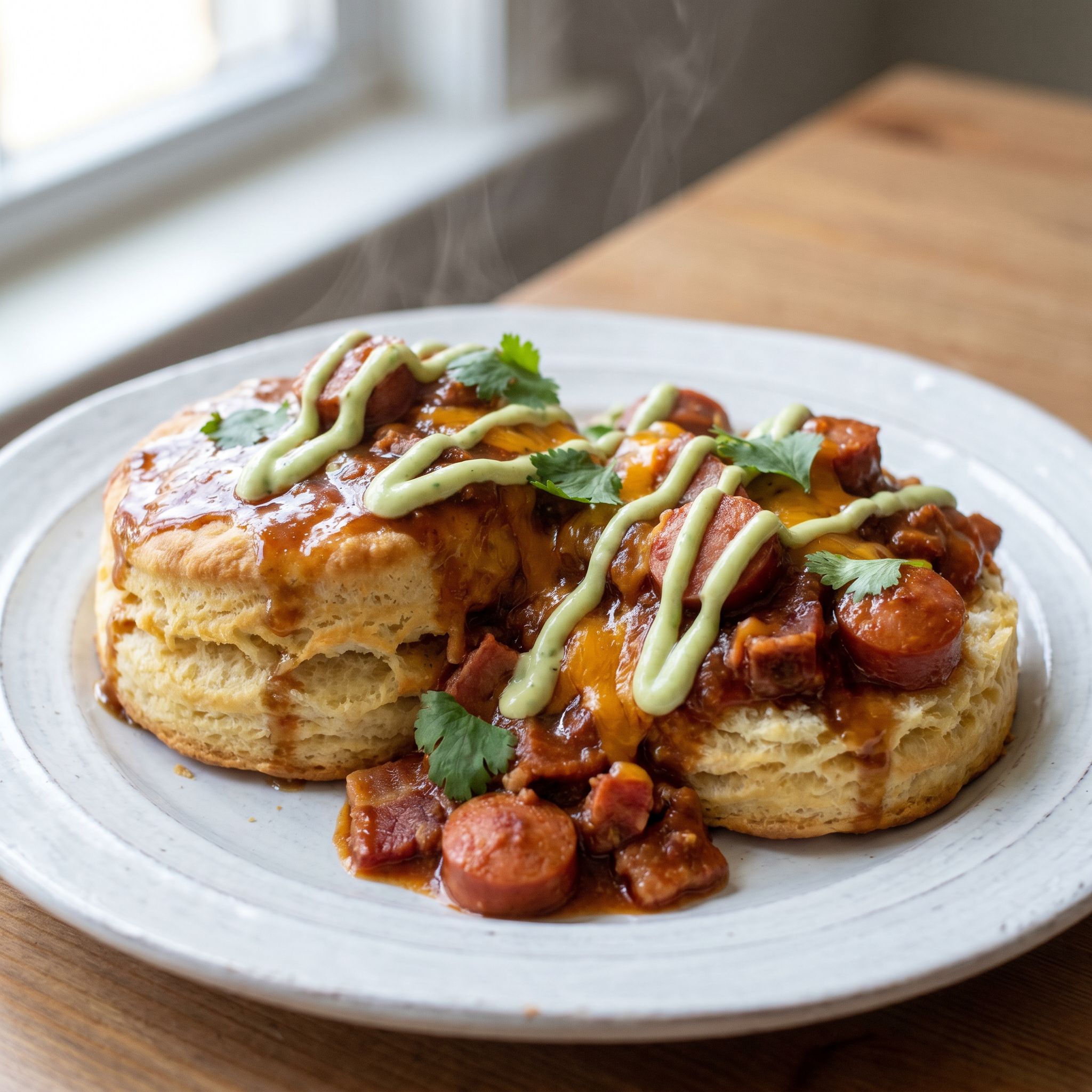 Southern Bacon Chili Dogs on Biscuits