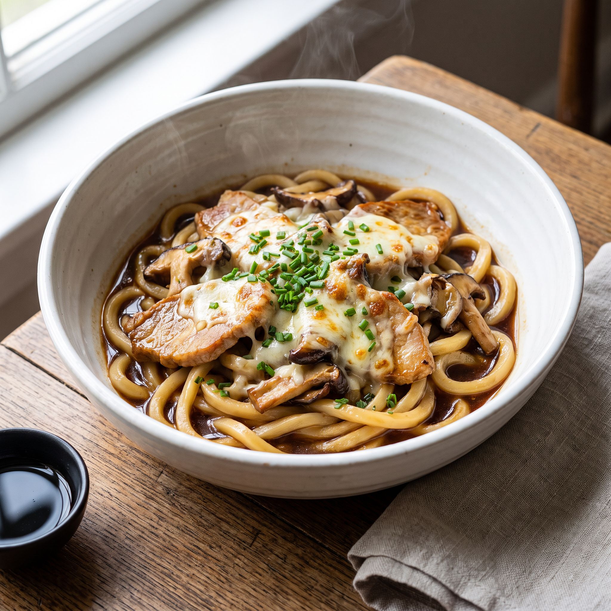Udon Zapiekankowy z Wieprzowiną i Grzybami